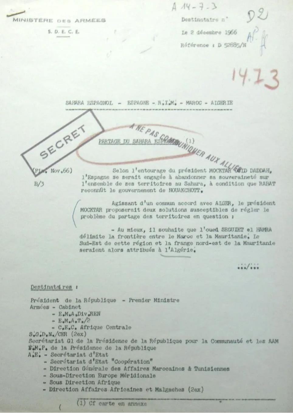 Document intitulé Partage du Sahara espagnol (page 1/2), du ministère des Armées (SDECE), Archives diplomatiques de La Courneuve, Service de liaison avec l’Algérie, carton 49.