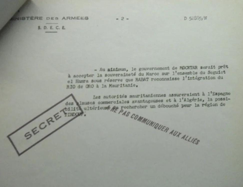 Document intitulé Partage du Sahara espagnol (page 2/2), du ministère des Armées (SDECE), Archives diplomatiques de La Courneuve, Service de liaison avec l’Algérie, carton 49.