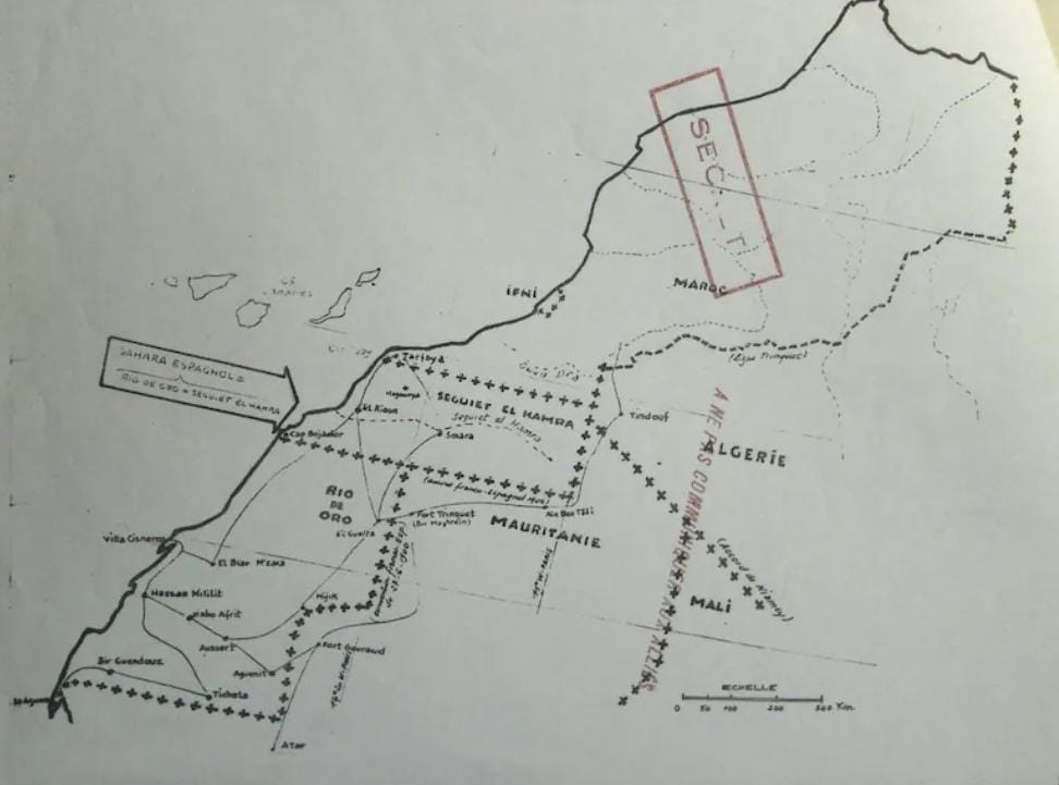 Carte accompagnant le document intitulé Partage du Sahara espagnol, du ministère des Armées (SDECE), Archives diplomatiques de La Courneuve, Service de liaison avec l’Algérie, carton 49.