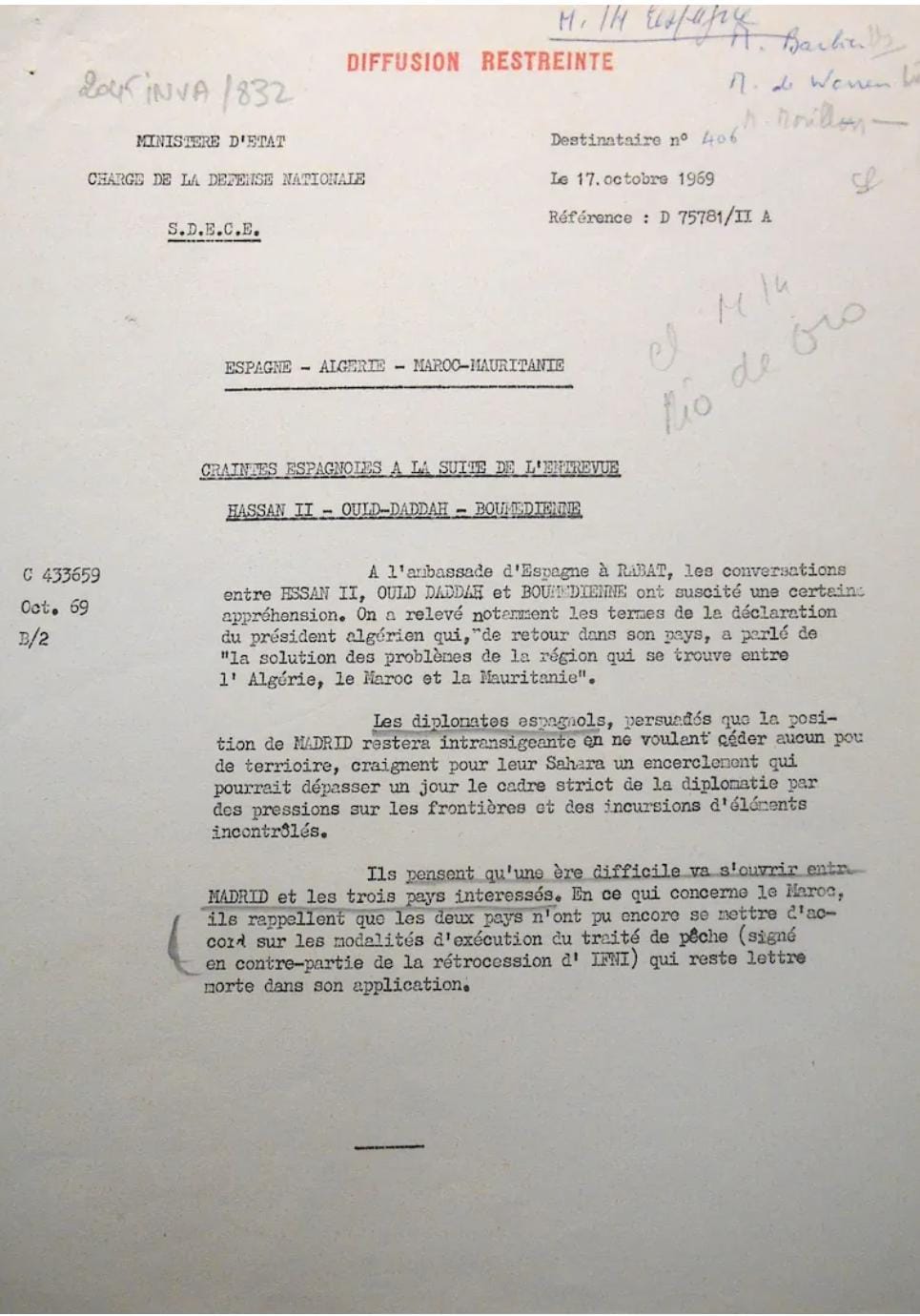 Document intitulé Craintes espagnoles à la suite de l'entrevue Hassan II-Ould Daddah-Boumediene, du ministère d'État chargé de la Défense nationale (SDECE), Archives diplomatiques de La Courneuve, Service de liaison avec l’Algérie, carton 49.