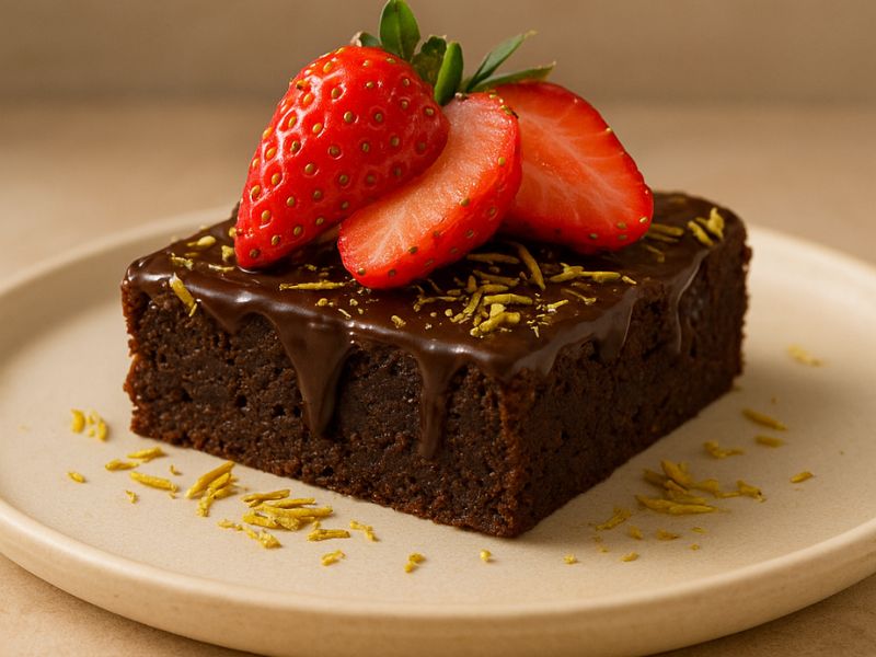 Brownie healthy au chocolat noir, fraises et touche orientale façon « kunefe »