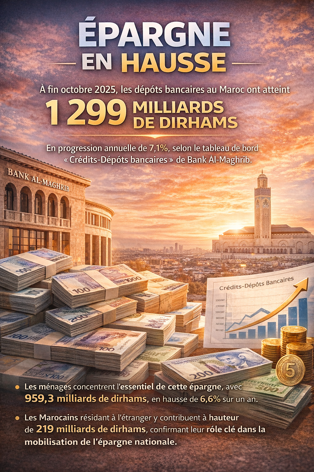 Épargne en hausse. À fin octobre 2025, les dépôts bancaires au Maroc ont atteint 1.299 milliards de dirhams, plus 7,1%,