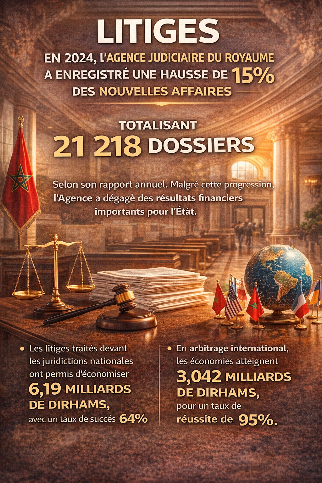 En 2024, l’Agence judiciaire du Royaume a enregistré une hausse de 15% des nouvelles affaires, totalisant 21.218 dossiers