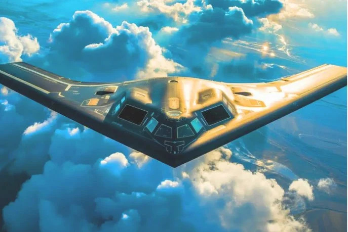 Illustration de l'iconique B-2 Spirit, avion furtif symbole de la puissance militaire et de l'innovation technologique.
