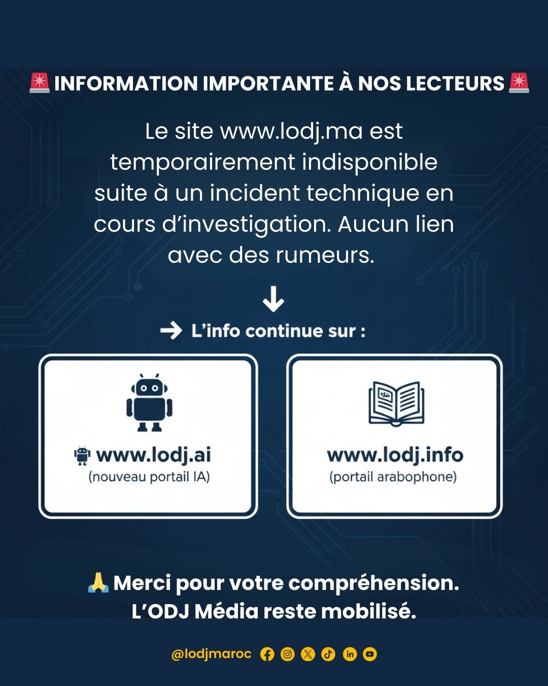 ​🚨 INFORMATION IMPORTANTE À NOS LECTEURS : L’info continue sur lodj.ai et lodj.info 🚨