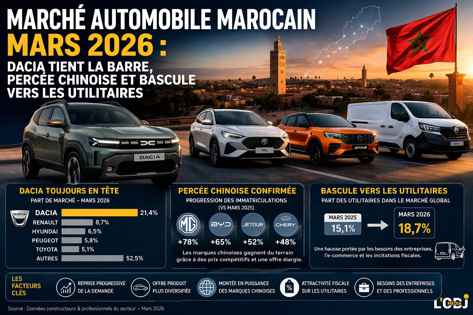 ​Marché automobile marocain, mars 2026: Dacia tient la barre, percée chinoise et bascule vers les utilitaires