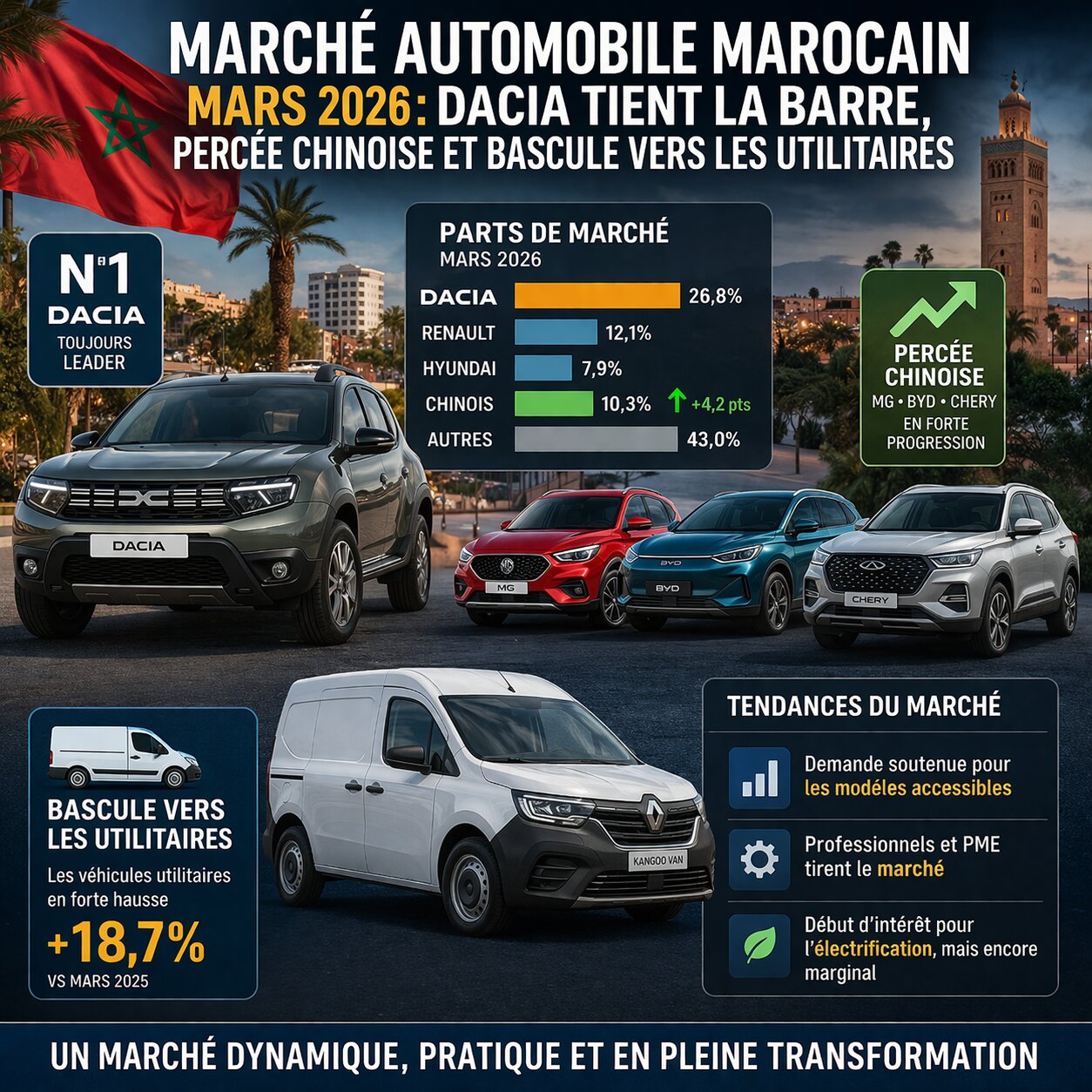 ​Marché automobile marocain, mars 2026: Dacia tient la barre, percée chinoise et bascule vers les utilitaires