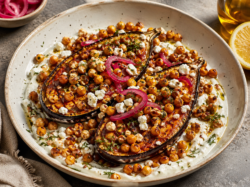 Aubergines caramélisées, feta et pois chiches grillés : le secret des dîners qui font parler