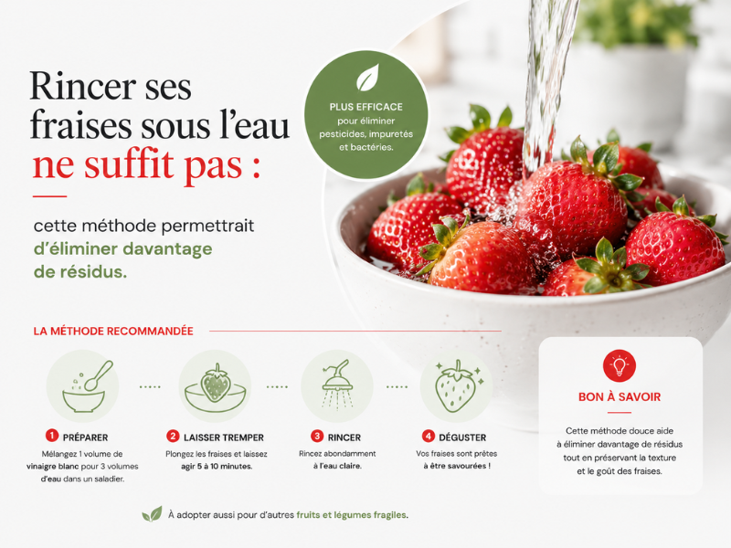 Rincer ses fraises sous l’eau ne suffit pas : cette méthode permettrait d’éliminer davantage de résidus.