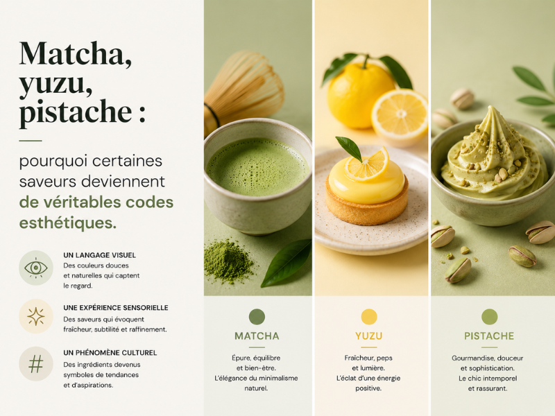 Matcha, yuzu, pistache : pourquoi certaines saveurs deviennent de véritables codes esthétiques.