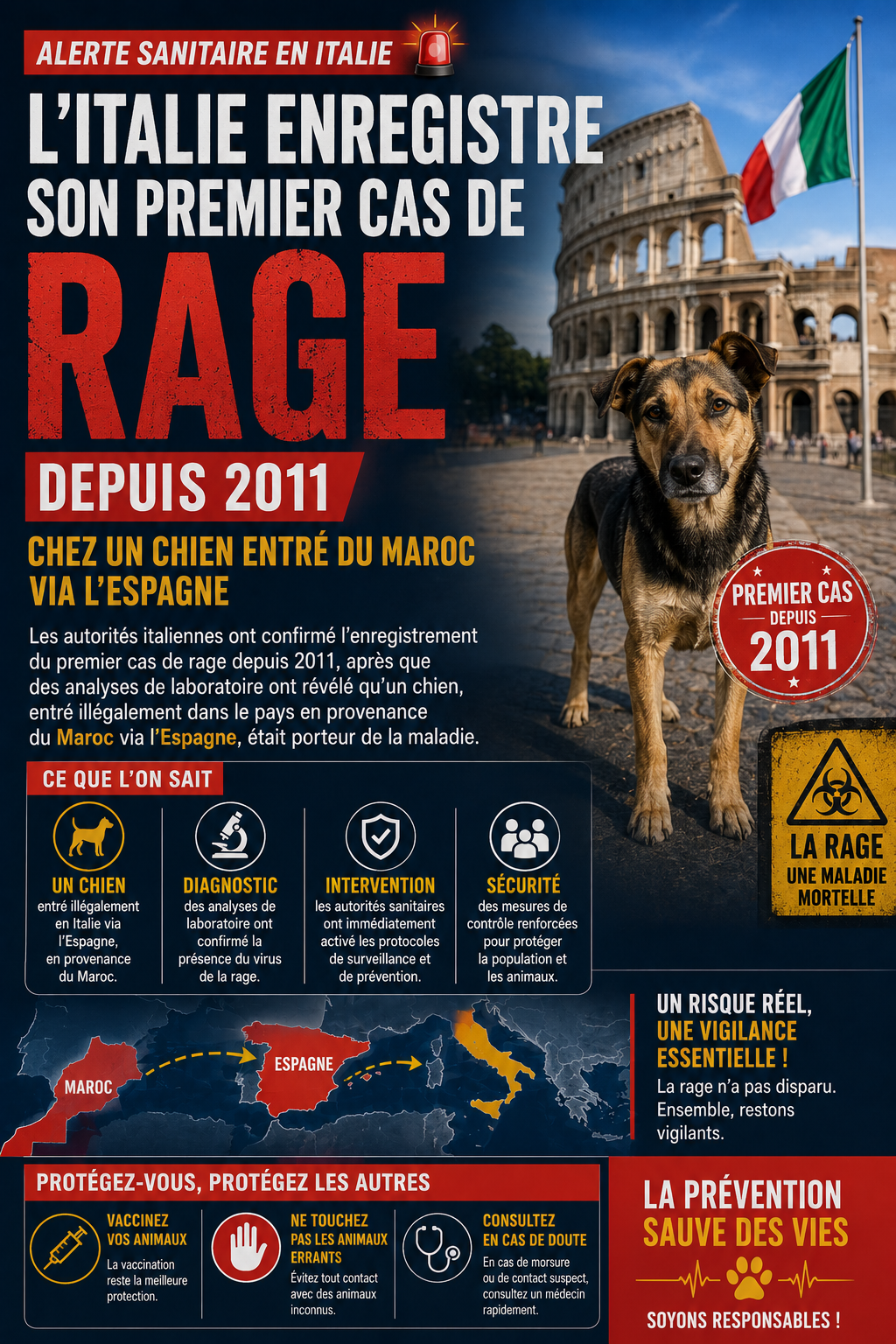 L’Italie enregistre son premier cas de rage depuis 2011 chez un chien entré du Maroc via l’Espagne. 