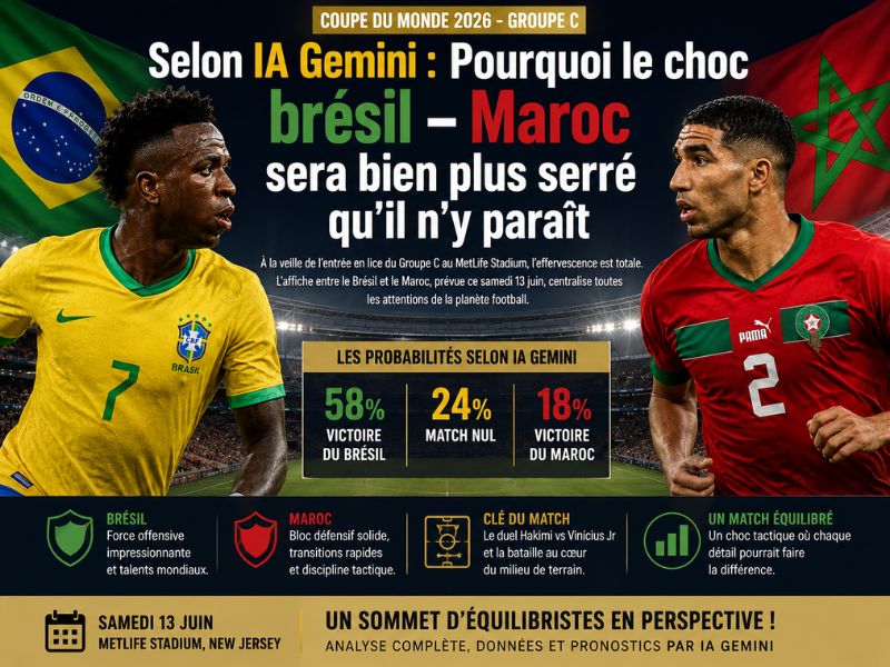 Selon IA Gemini : Pourquoi le choc brésil – Maroc sera bien plus serré qu’il n’y paraît