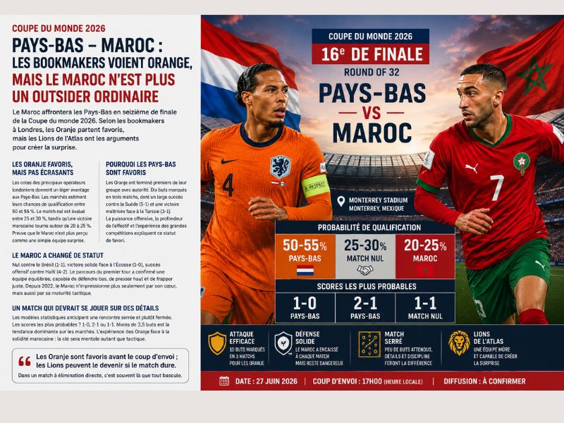 Pays-Bas–Maroc : les bookmakers voient orange, mais le Maroc n’est plus un outsider ordinaire