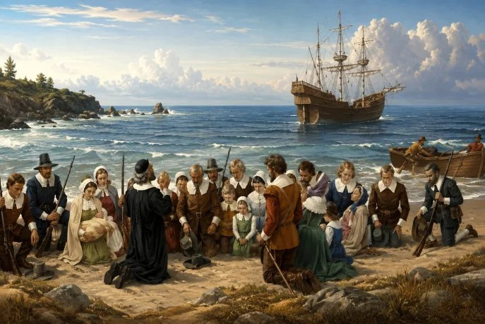 Fuyant les persécutions religieuses en Angleterre, le Mayflower, transportant 102 passagers, principalement issus d’une secte protestante, the Puritans, arrive en vue de l’actuelle ville de Provincetown, le 26 novembre 1620. Leur chef, William Bradford propose des principes généraux de gouvernance connus sous le nom de Mayflower Compact, qui jette les bases d’une démocratie locale qui sera une des sources de la Constitution des États-Unis.