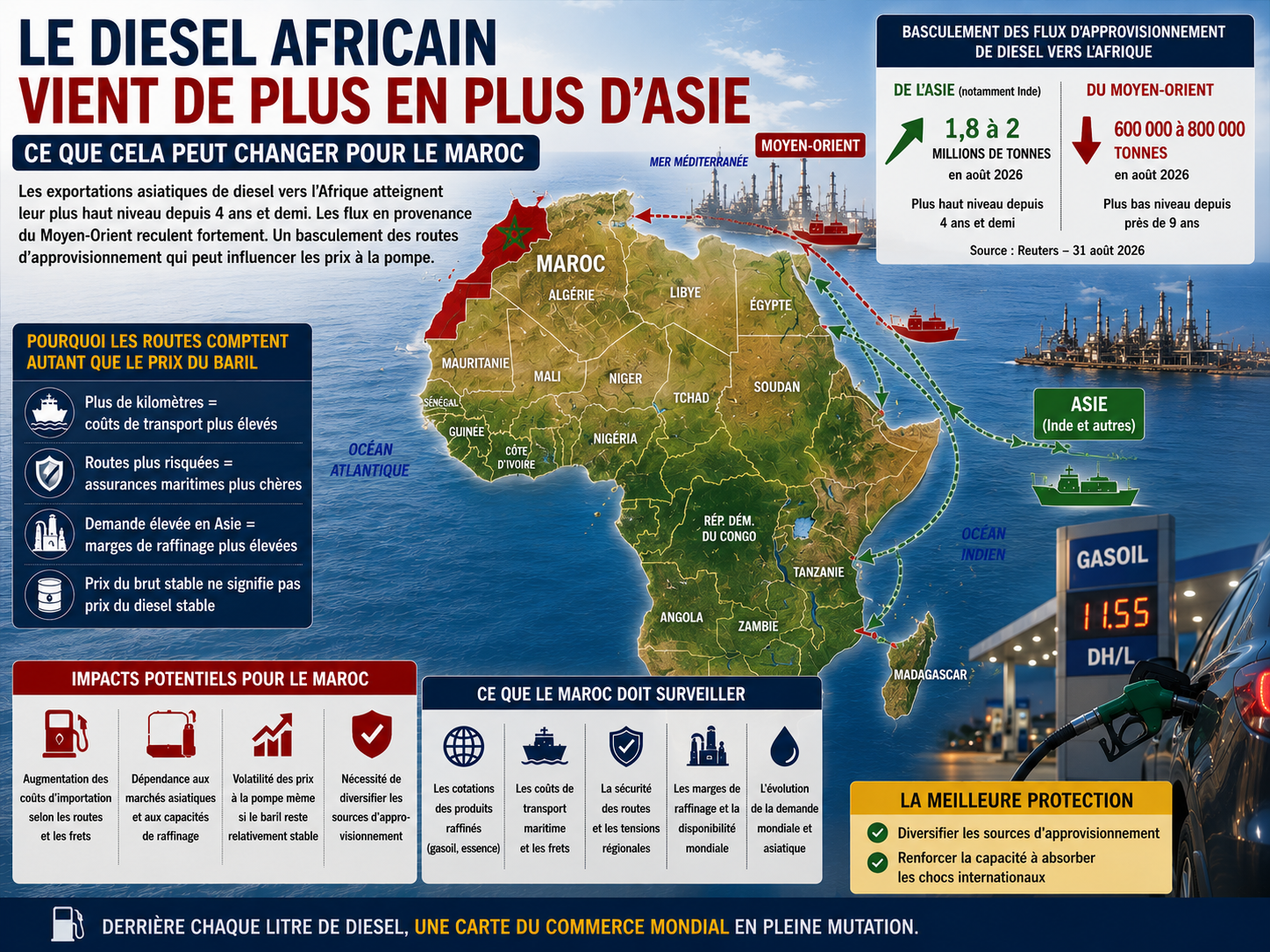 Le diesel africain vient de plus en plus d’Asie : ce que cela peut changer pour le Maroc