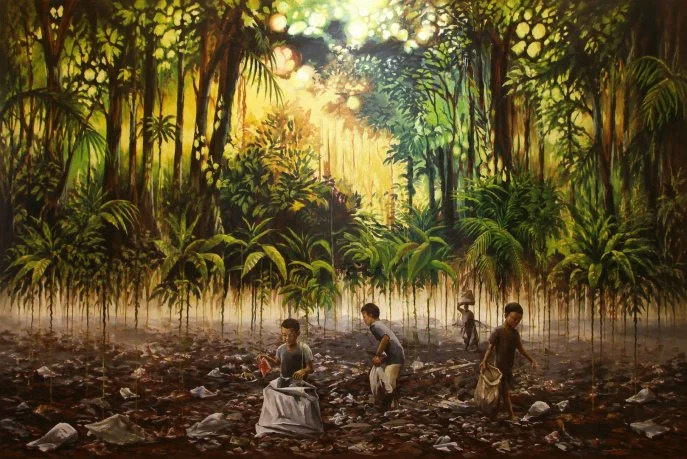Reproduction en horizontal de Cycle de l’évolution : L’âge de la fin des poubelles de Yves Gobart - Technique : Huile sur toile - 220 x 122 cm - 2019