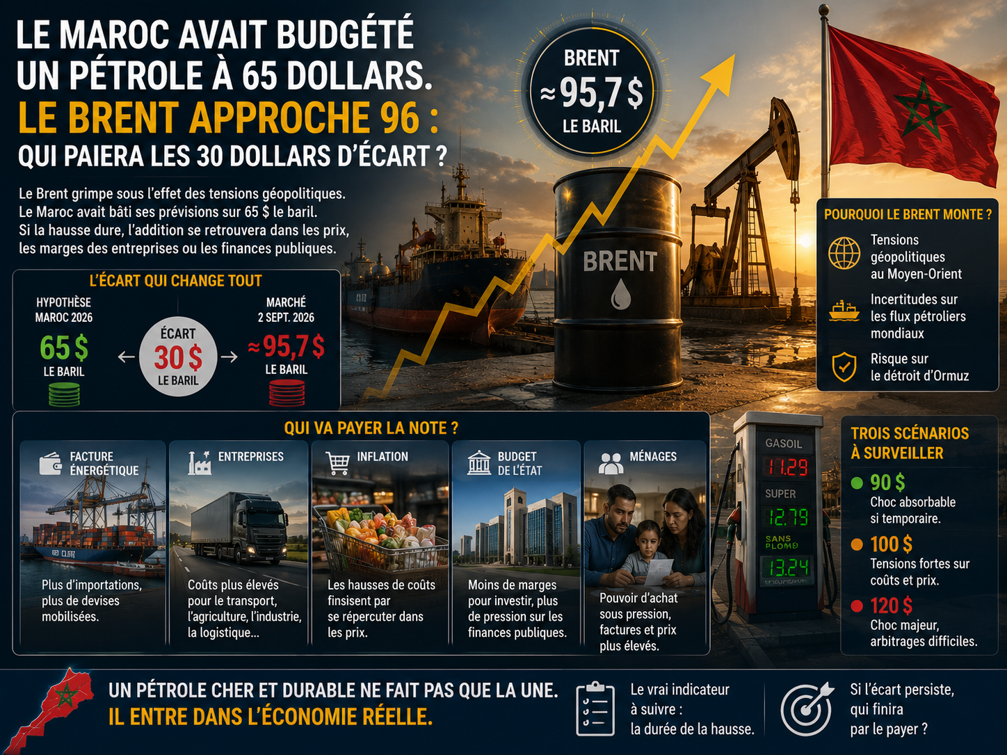 Le Maroc avait budgété un pétrole à 65 dollars. Le Brent approche 96 : qui paiera les 30 dollars d’écart ?