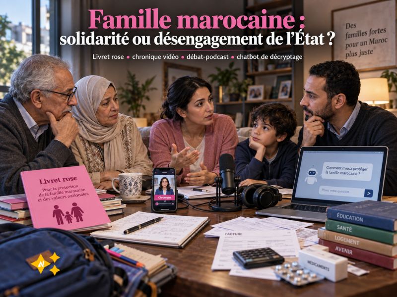 Livret rose, Chronique vidéo, Débat-podcast contradictoire et chatbot pour décryptage : Famille marocaine : solidarité ou désengagement de l’État ?