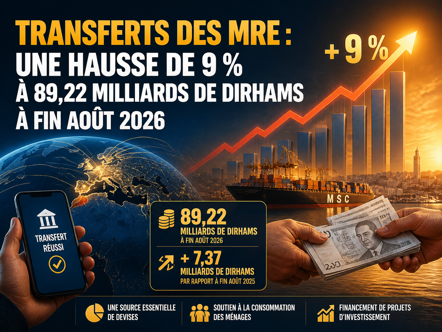 Transferts des MRE : une hausse de 9 % à 89,22 milliards de dirhams à fin août 2026