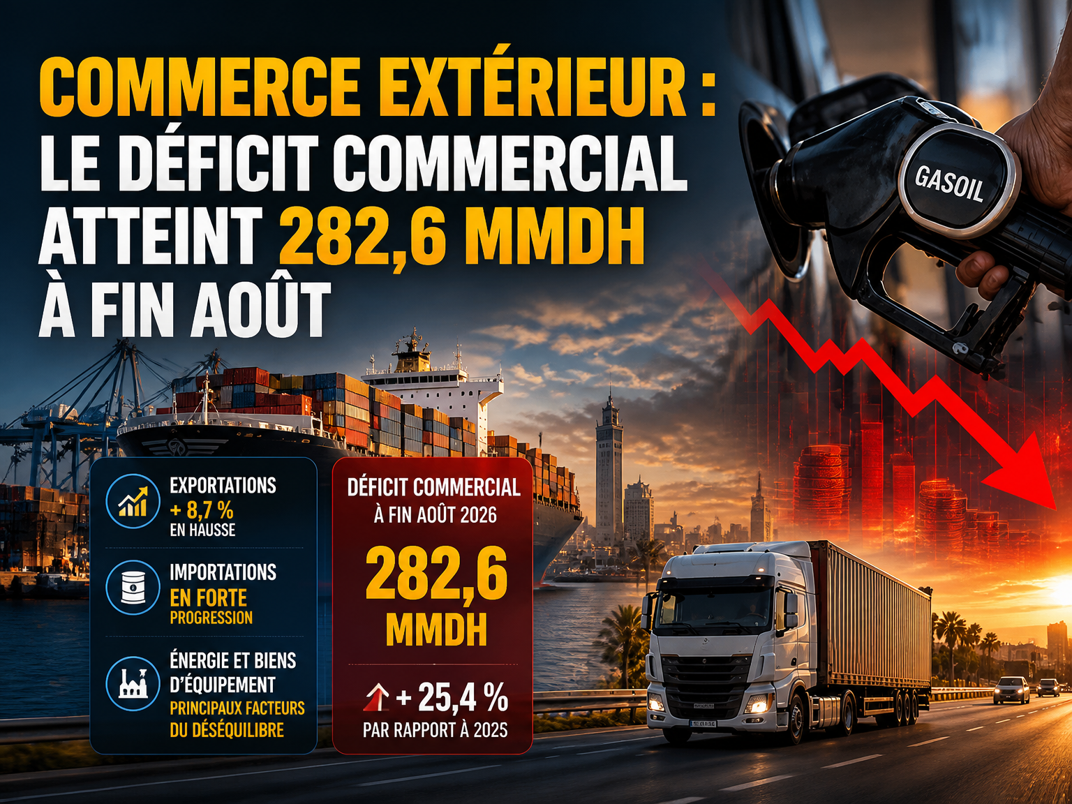 Commerce extérieur : Le déficit commercial atteint 282,6 MMDH à fin août