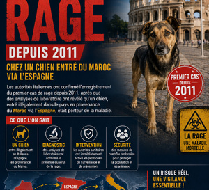 L’Italie enregistre son premier cas de rage depuis 2011 chez un chien entré du Maroc via l’Espagne. 