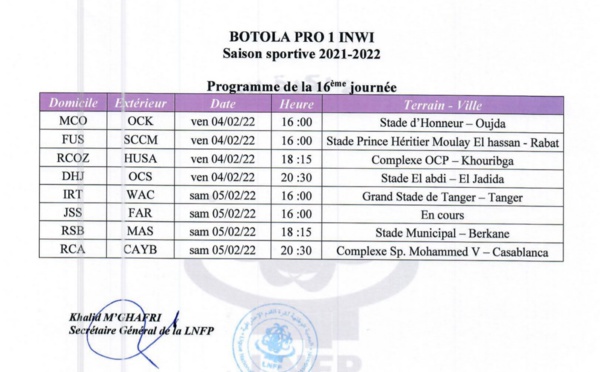 Le programme de la 16e journée de la Botola Pro dévoilé par la LNFP