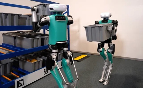 Ce robot a une tête avec des yeux et des mains pour travailler dans les entrepôts