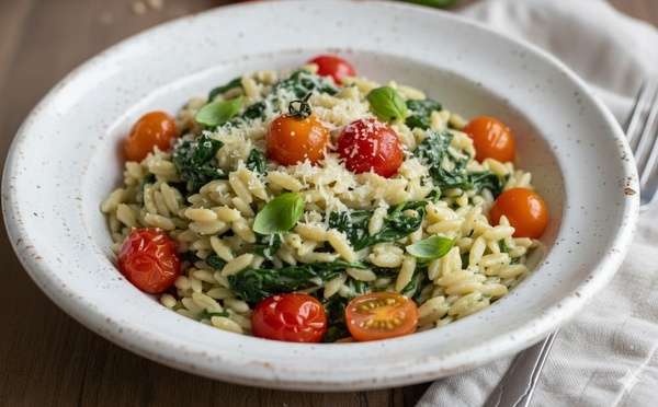 Un bol de bonheur : orzo, épinards et tomates qui font fondre les papilles