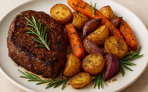 Steak mariné au romarin &amp; café, légumes rôtis au zaatar : le dîner healthy-chic qui réconcilie plaisir et élégance