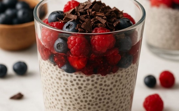 La verrine chia fruits rouges et chocolat noir : le dessert sain qui fait vraiment plaisir.