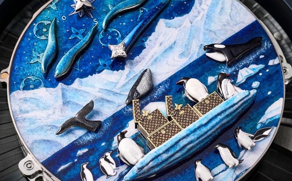 Louis Vuitton dévoile Escale en Alaska, une montre de poche animée par des baleines et des manchots